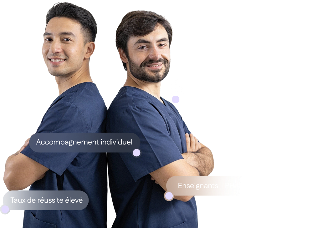 Two doctors standing back to back, representing EVC exam preparation