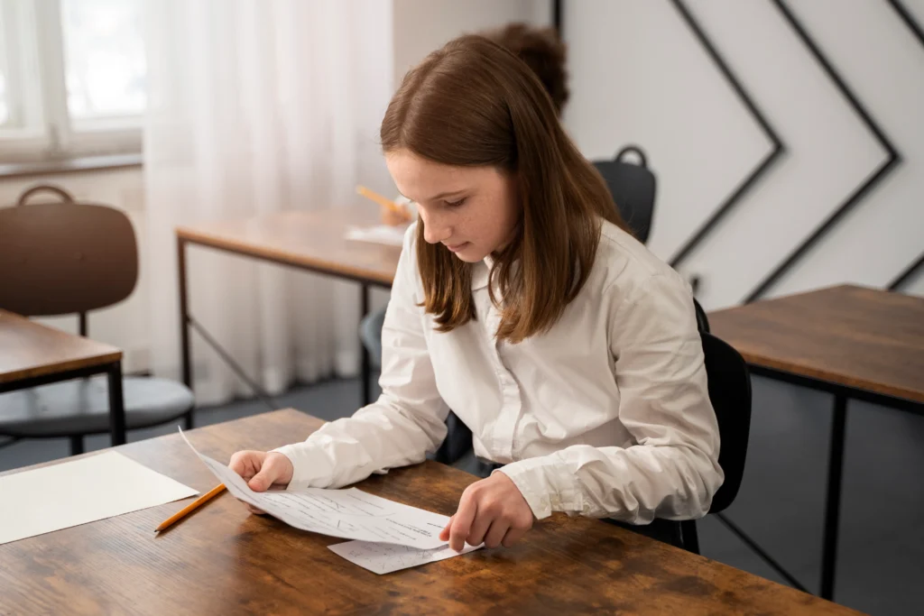 Une jeune femme écrit dans un cahier à une table en bois.