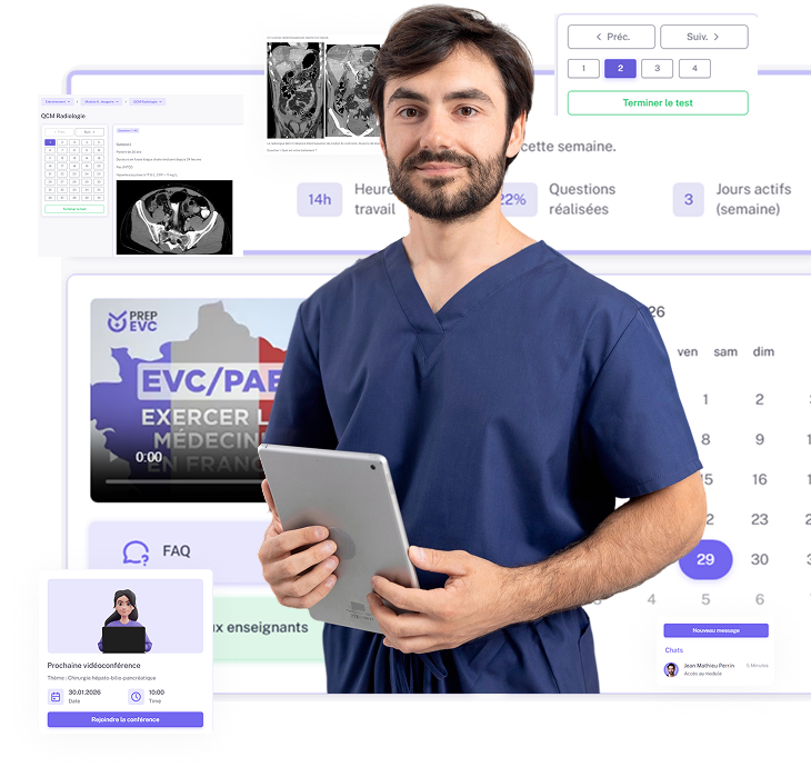 Un médecin en tenue bleue tient une tablette, sur fond d’interface médicale.