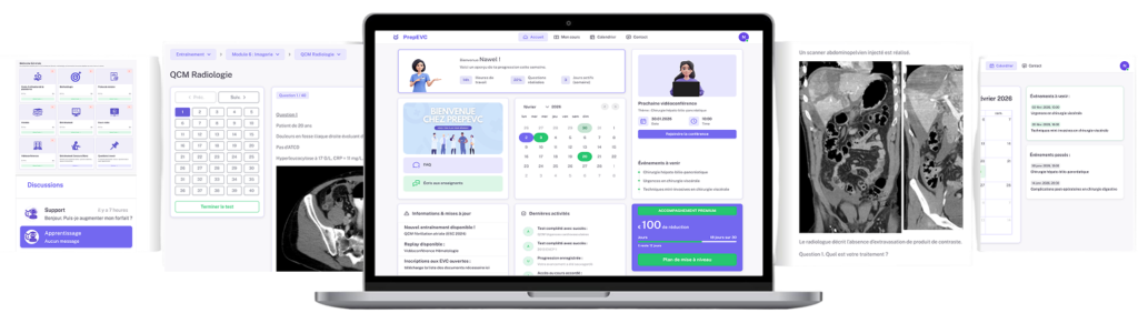 Plateforme PrepEVC sur ordinateur portable : QCM de radiologie, tableau de bord étudiant, calendrier et imagerie médicale.