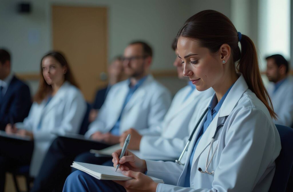 Médecin en préparation des EVC prenant des notes lors d’une formation médicale