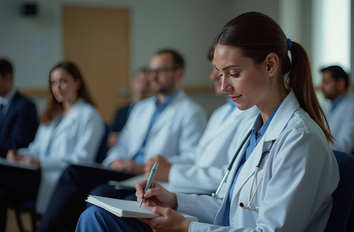 Médecin en préparation des EVC prenant des notes lors d’une formation médicale