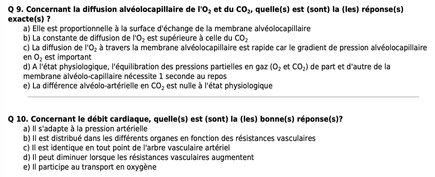 Questions d’annale EVC d’anesthésie-réanimation sur la physiologie : diffusion alvéolo-capillaire de l’oxygène et débit cardiaque