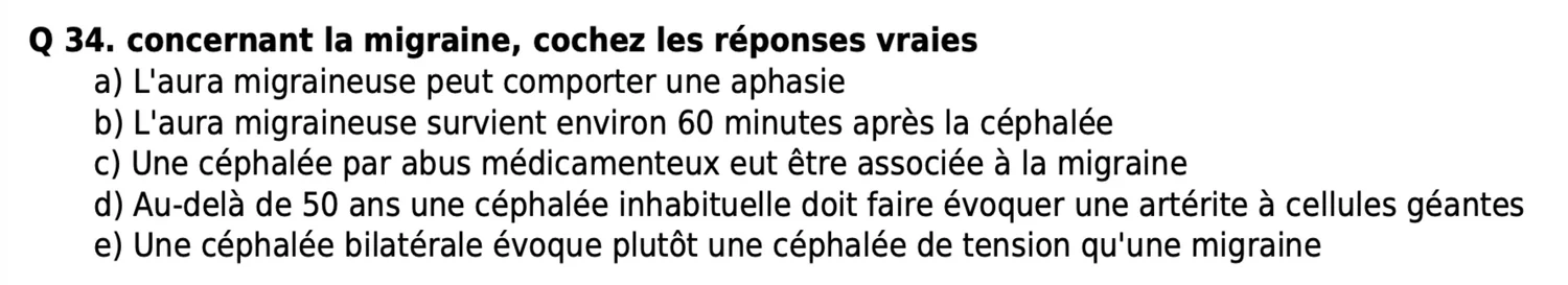 Question d’annale EVC de médecine générale sur la migraine : aura migraineuse, céphalée de tension, artérite à cellules géantes
