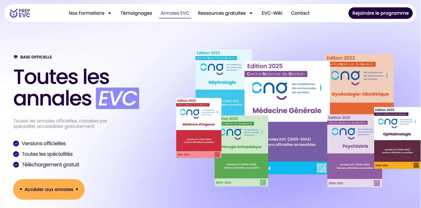 Page PrepEVC « Toutes les annales EVC » : annales officielles du CNG 2009-2025 à télécharger gratuitement pour chaque spécialité