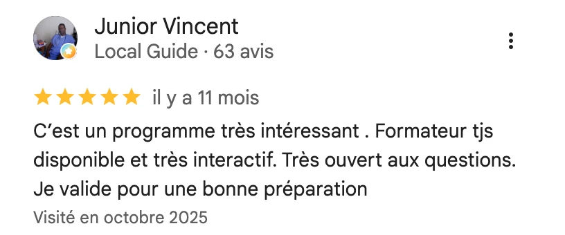 Avis Google 5 étoiles sur la formation EVC PrepEVC : formateur toujours disponible et très interactif