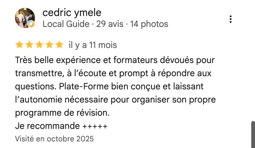 Avis Google 5 étoiles sur la formation EVC PrepEVC : formateurs dévoués, plateforme bien conçue