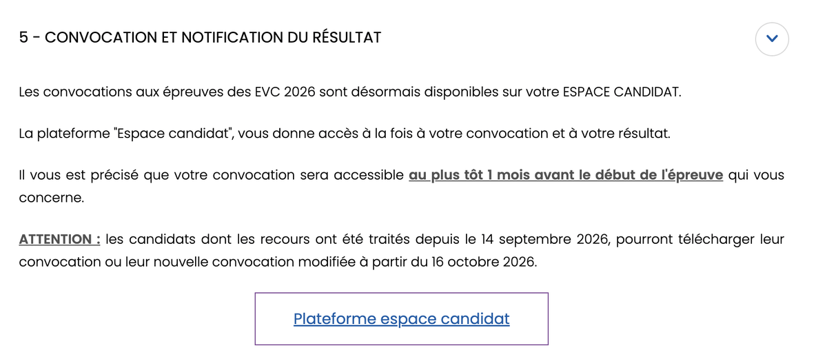 Annonce du CNG indiquant que les convocations aux épreuves des EVC 2026 sont disponibles sur l’Espace Candidat