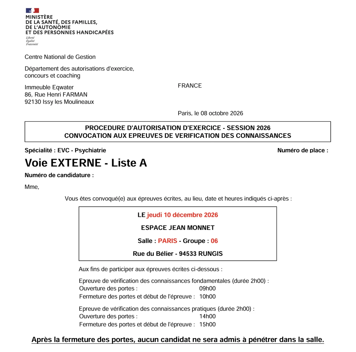 Exemple de convocation aux EVC 2026 à imprimer depuis l’Espace Candidat du CNG et à présenter le jour de l’épreuve à Rungis