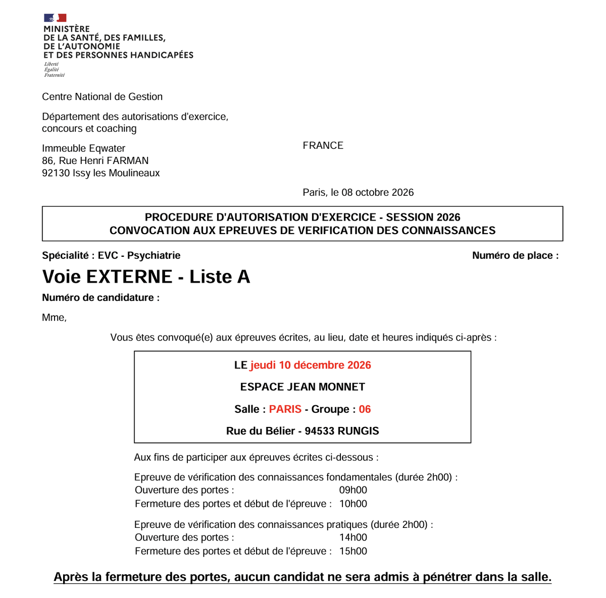 Exemple de convocation aux épreuves de vérification des connaissances EVC 2026