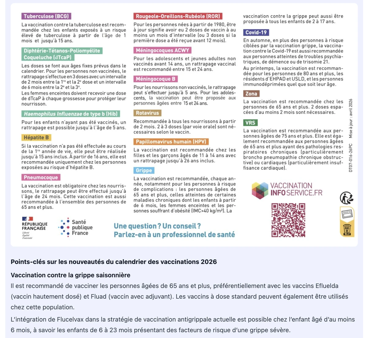 Calendrier des vaccinations 2026 et points-clés sur les nouveautés, repris dans la correction de l’annale sur la plateforme PrepEVC