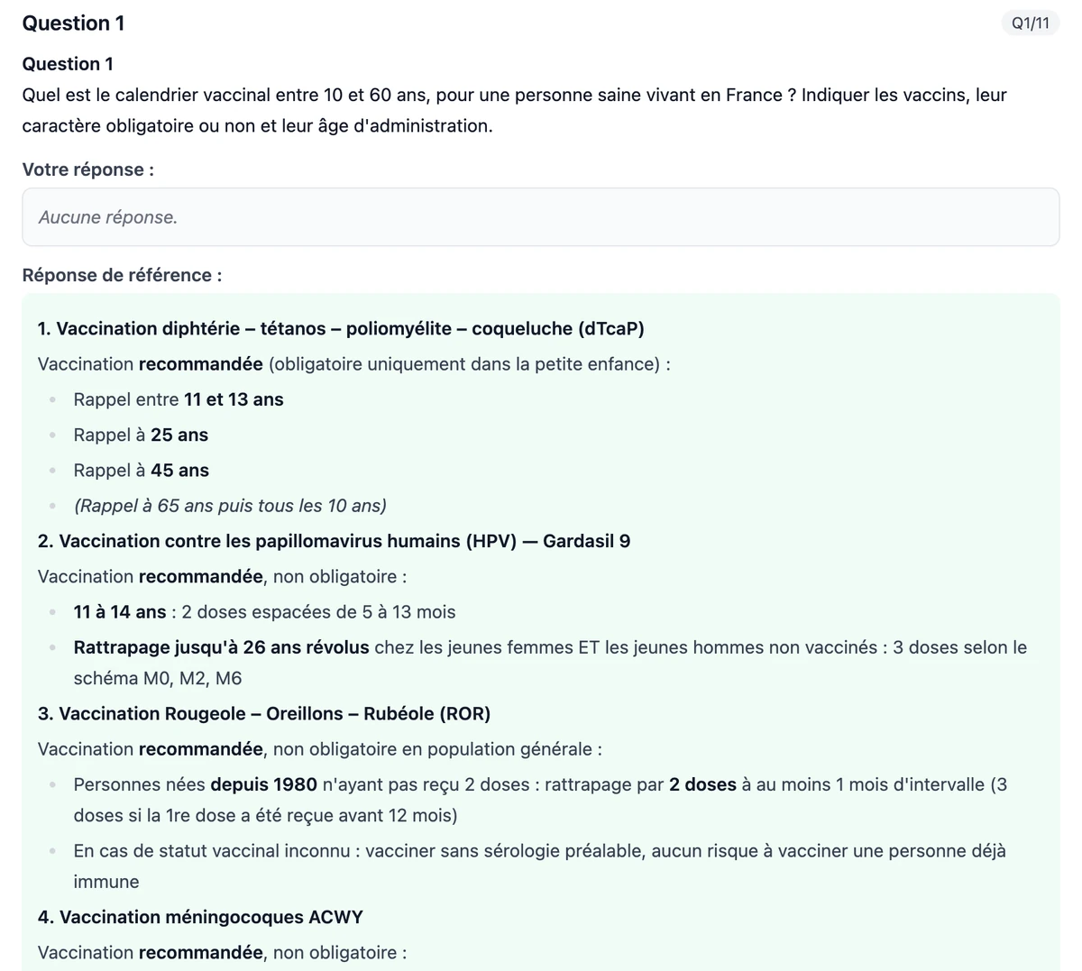 Question 1 d’une annale EVC corrigée sur la plateforme PrepEVC : calendrier vaccinal entre 10 et 60 ans, avec la réponse de référence détaillée