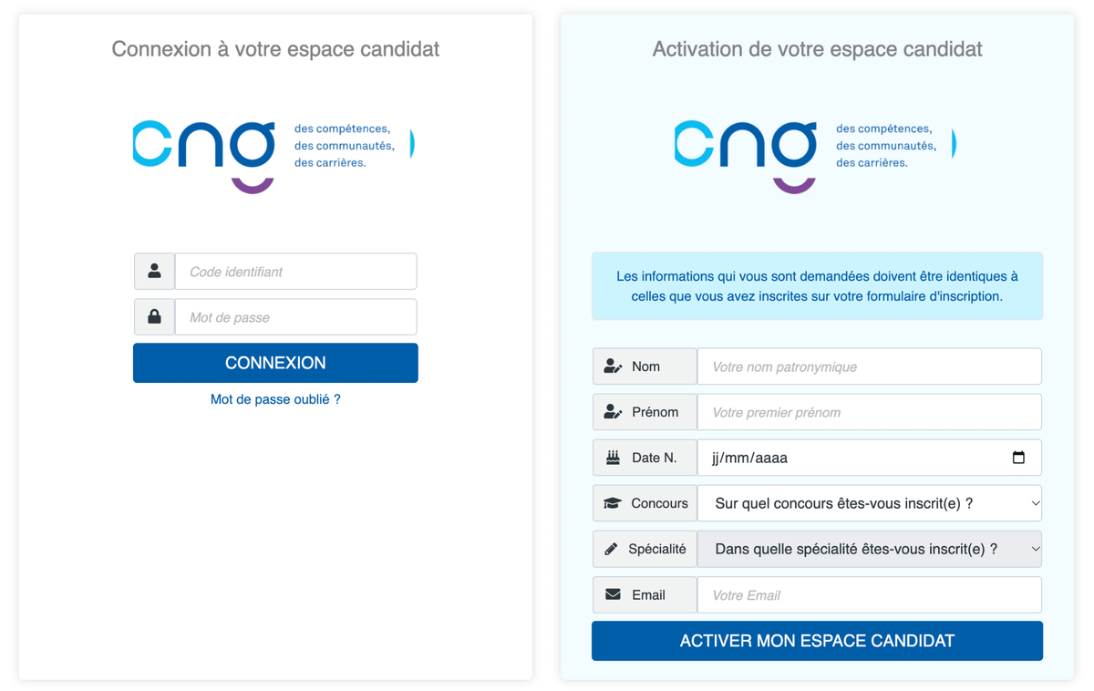 Écrans de connexion et d’activation de l’Espace Candidat du CNG