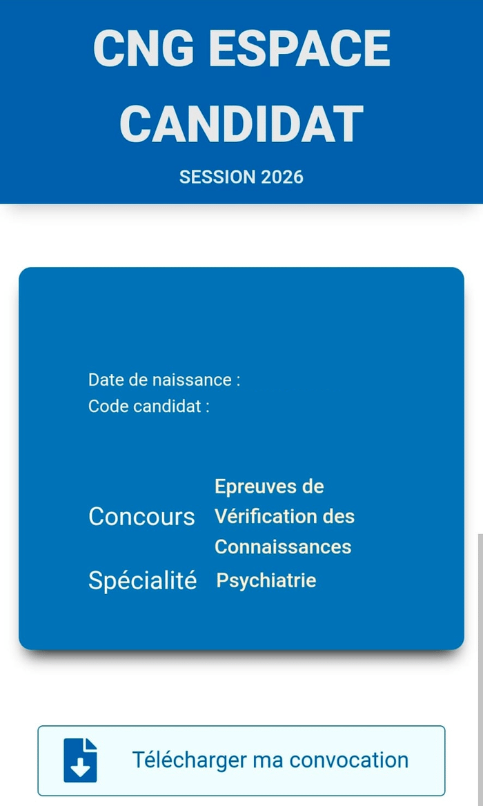 Espace Candidat du CNG sur mobile avec le bouton Télécharger ma convocation
