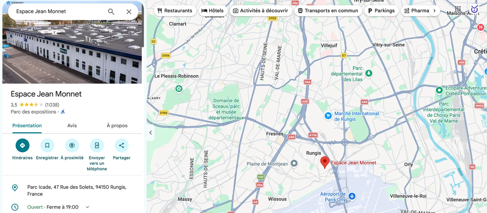 Plan d’accès de l’Espace Jean Monnet à Rungis, lieu des épreuves de vérification des connaissances (EVC), à proximité de l’aéroport d’Orly et de l’autoroute A6