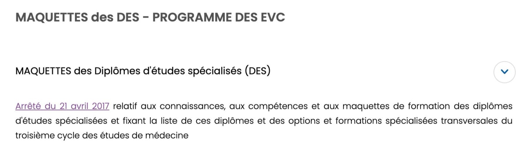 Page du CNG : maquettes des DES, programme des EVC, arrêté du 21 avril 2017