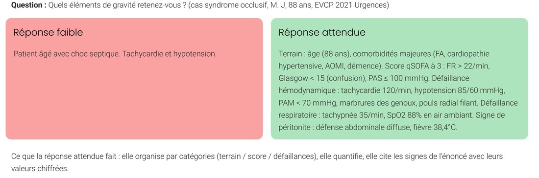 Exemple de réponse faible et de réponse attendue à une question sur les éléments de gravité d’un syndrome occlusif (EVCP 2021 de médecine d’urgence)