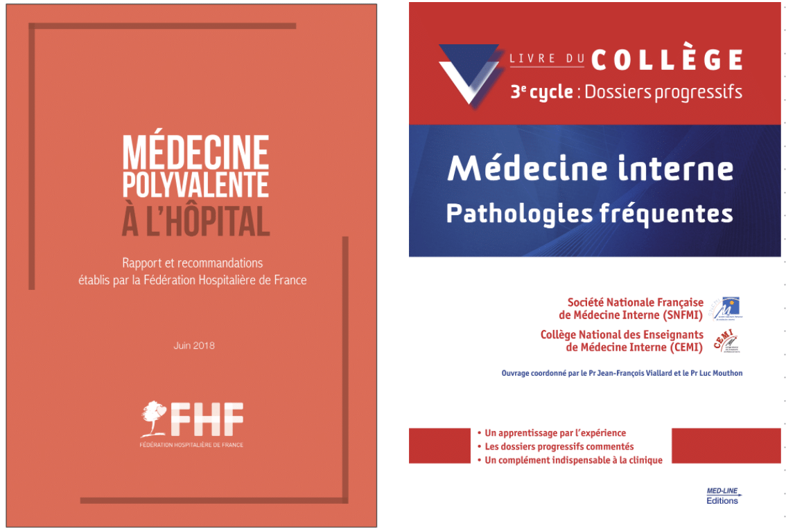 Ressources recommandées par le CNG pour la médecine interne polyvalente : le rapport Médecine polyvalente à l’hôpital de la Fédération Hospitalière de France (juin 2018) et le livre du collège Médecine interne, pathologies fréquentes (dossiers progressifs)