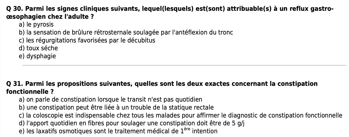 Questions 30 et 31 du QCM d’EVC médecine générale 2025 sur le reflux gastro-œsophagien et la constipation fonctionnelle