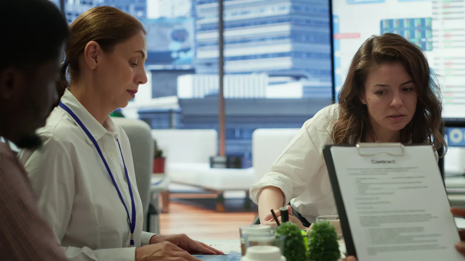 Équipe d’un établissement de santé en réunion de recrutement autour d’un contrat, pour illustrer les opportunités d’emploi des médecins PADHUE en France